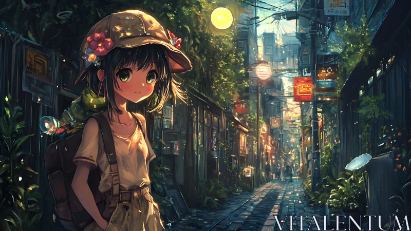 Curious young traveler wanders a glowing city alleyway at dusk
