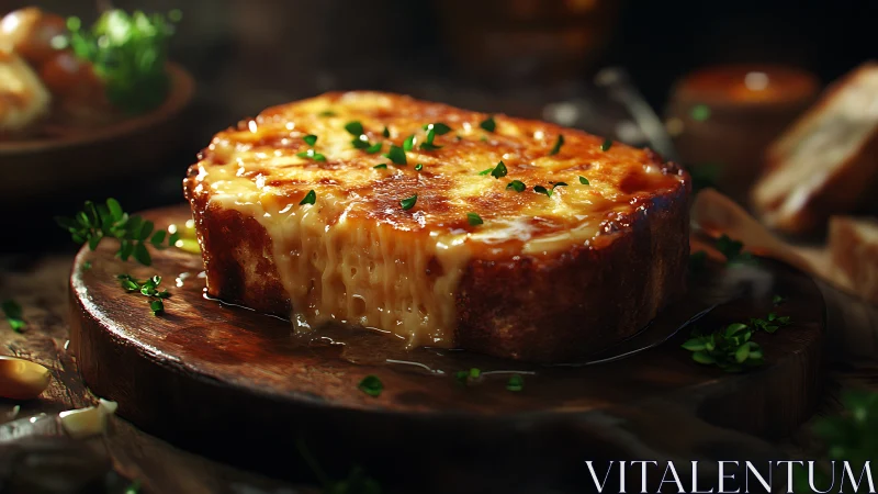 Golden-crusted french onion soup gratinee in earthenware bowl.