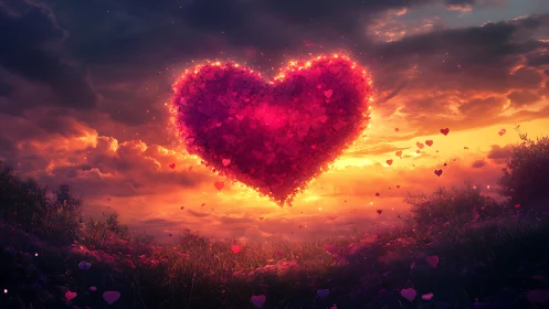 Illuminated heart formation against dramatic sunset sky