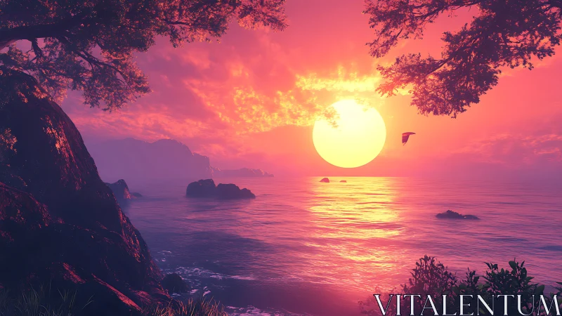 Radiant tropical sunset bathes rocky coastline in neon light.