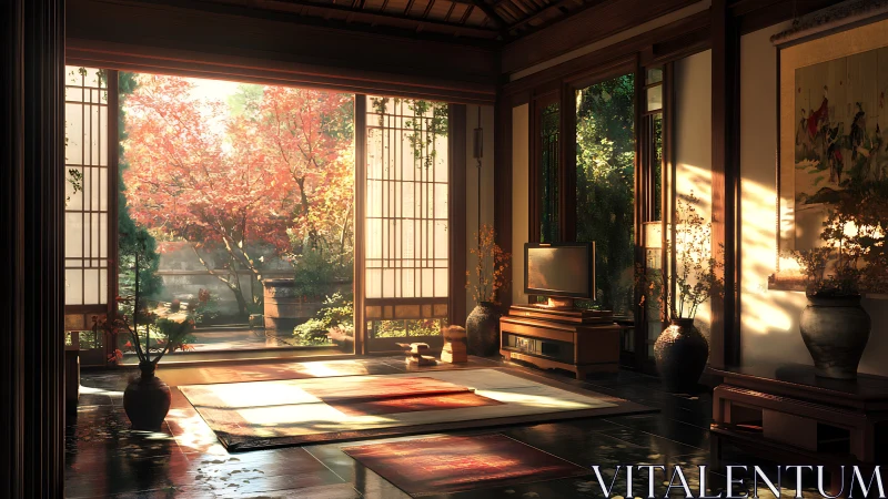 Sunlit tatami living room with shoji doors and autumn garden view