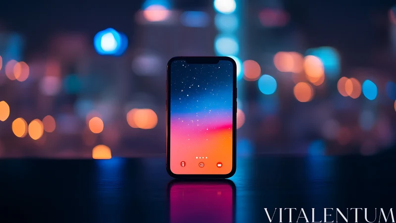 Photorealistic smartphone still life with neon bokeh backdrop.