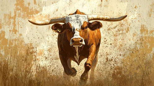 Dynamic longhorn portrait with splattered brush textures.