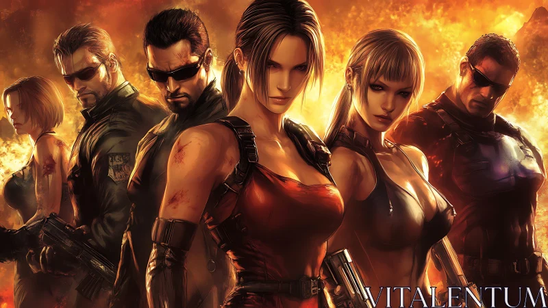 United in the firelight, battle-ready heroes stand strong.