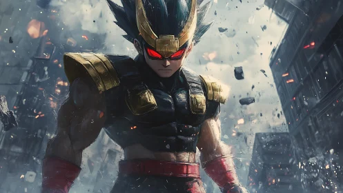 Armored anime warrior in ruined city with glowing red eyes