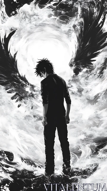 Solitary figure before swirling monochrome winged vortex.