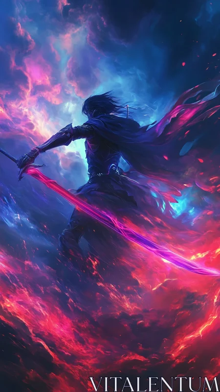 Cosmic swordsman strides through flaming nebula sky.