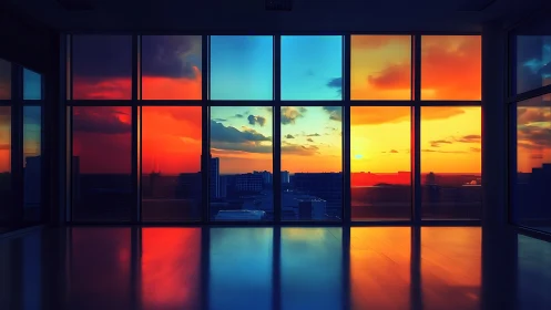 Empty office interior with vivid multicolor sunset skyline.