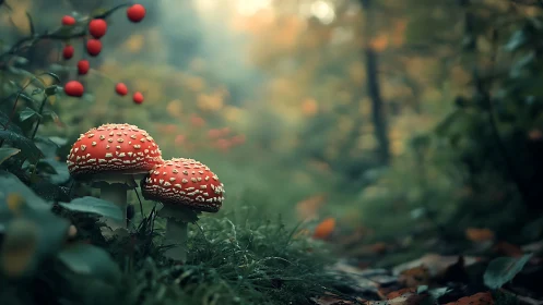 Red spotted forest mushrooms beside soft blurred pathway.