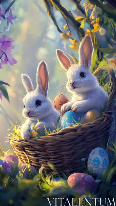 Springtime bunnies rest in a glowing basket of Easter eggs