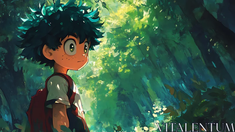Young anime boy with backpack standing in sunlit forest.