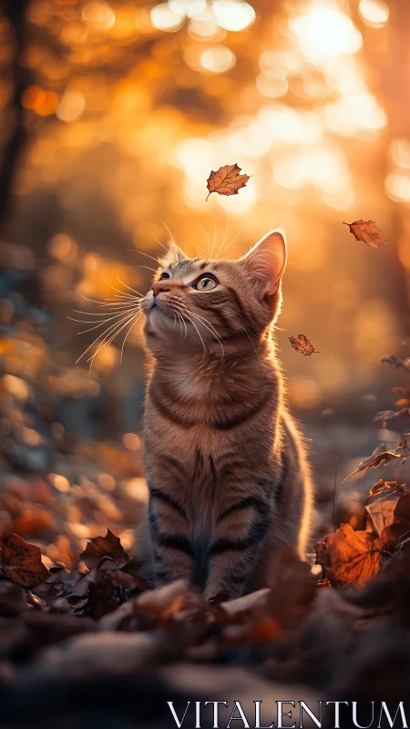 A curious kitten watches falling autumn leaves with wonder and delight
