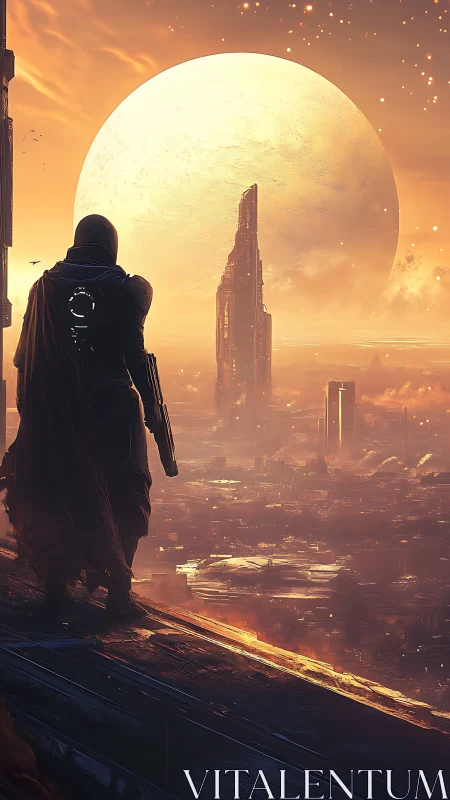 Armored sentinel surveying exoplanet city under giant moon.