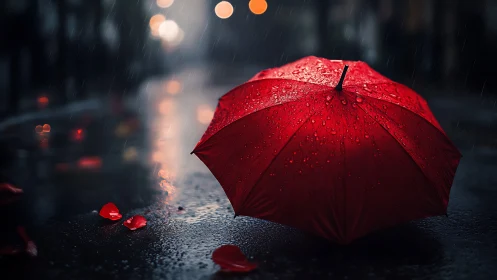 Red umbrella on wet city street with night rain backdrop.
