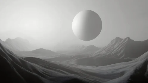 Monochrome orbital sphere over numerically sculpted ridges.