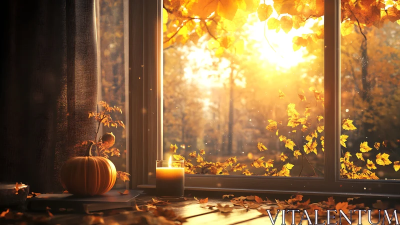 Backlit autumn window scene with pumpkin, candle and dust motes