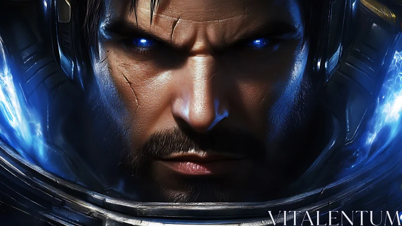 Armored space warrior glares forward with blazing blue eyes