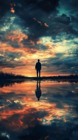 Silhouetted figure under vivid sky with reflective water.