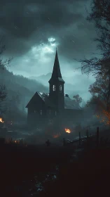 Stormlit ruined church dominates burning misty graveyard