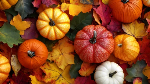 Colorful pumpkins scattered on vivid autumn leaves.