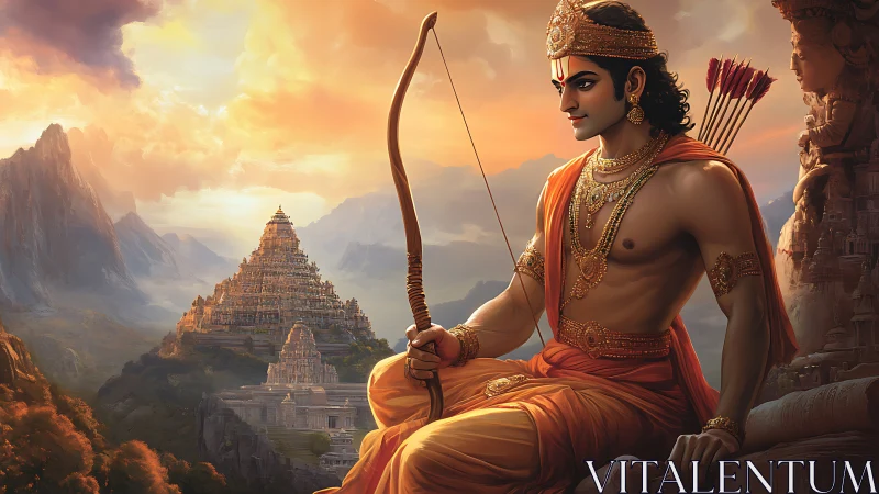 Epic archer prince in ornate regalia overlooking stepped temple