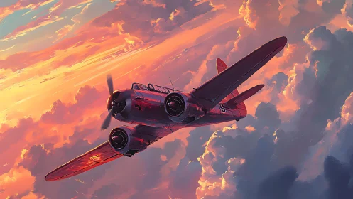 Twin‑engine propeller aircraft in sunset cloudscape scene.