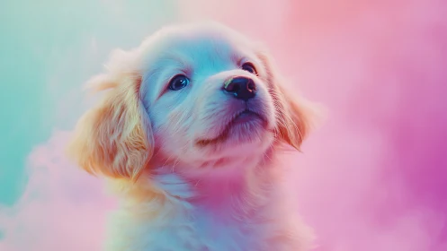 Golden puppy portrait uses neon gradients and soft focus