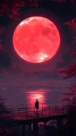 Solitary figure contemplates a vast crimson supermoon