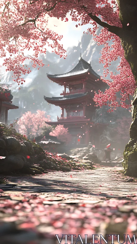 Cherry blossom temple path under soft mountain light.