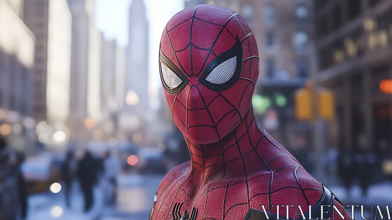 Spider-Man suit close-up stands in sharp urban daylight