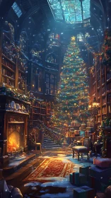 Grand library with towering Christmas tree and fireplace.