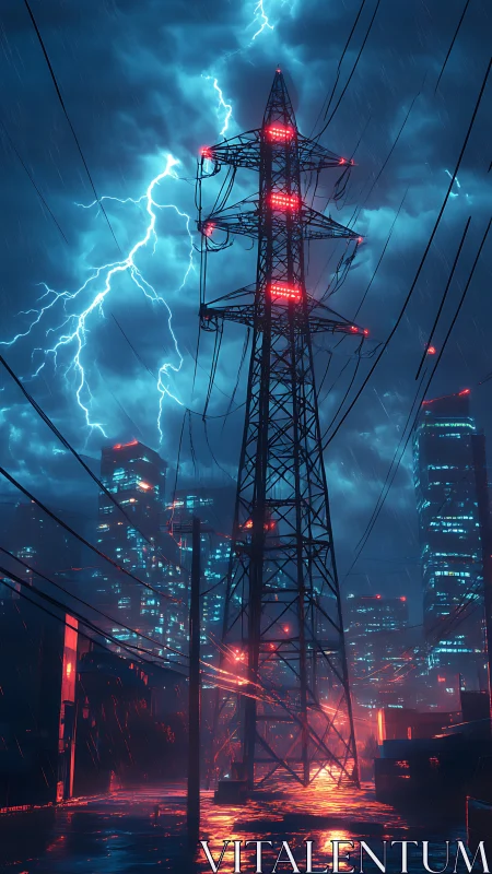 Storm-lit power tower dominates a neon-soaked cyber city