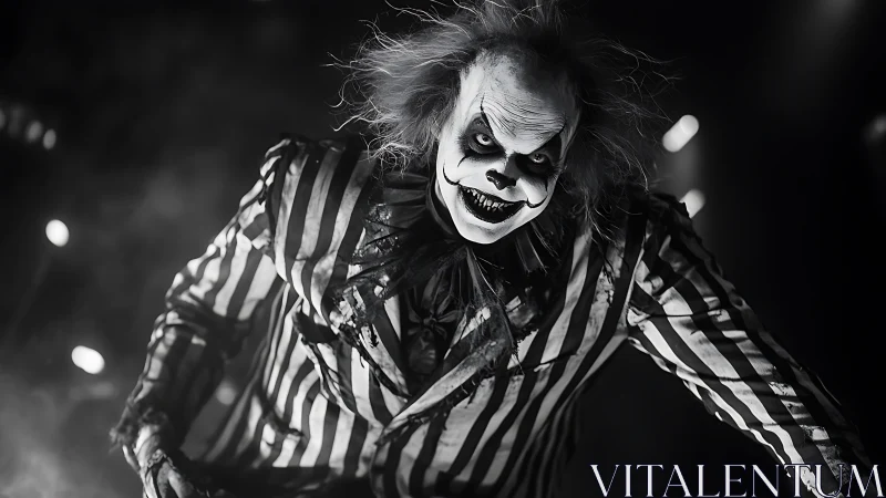 Creepy striped clown leans forward under dramatic lighting