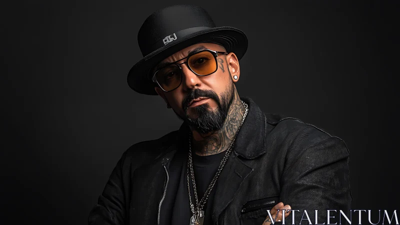 Studio portrait of tattooed man in hat under controlled lighting.