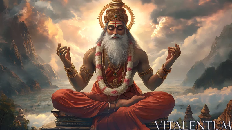 Meditating sage with celestial mountains and river vista.