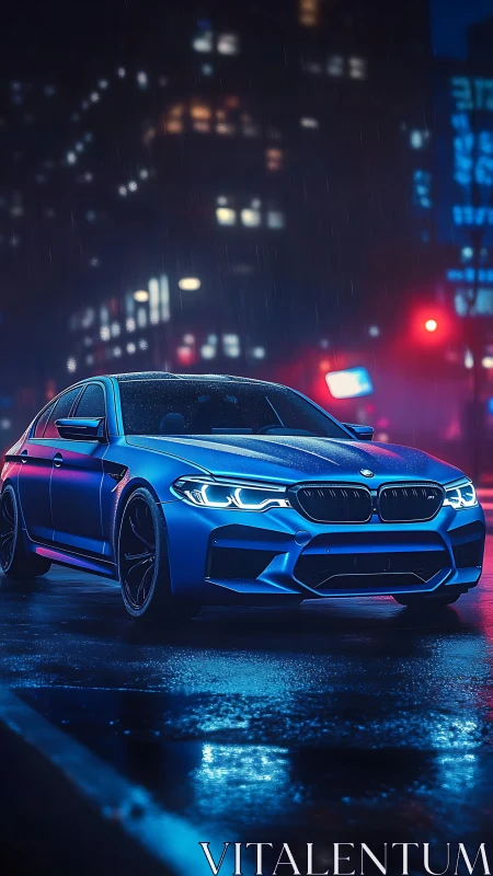 Electric blue sports sedan glows on a rain-soaked city street