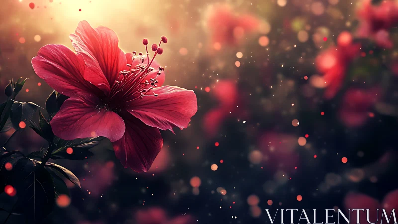 Deep red hibiscus flower with bokeh light particles and blurred background depth.