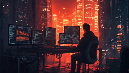 Hacker monitoring code on multi-screen setup, neon skyline.