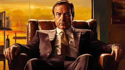 Desert-lit power broker seated in molten amber office glare.