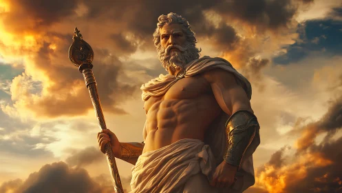 Storm god statue rises against blazing sunset sky.