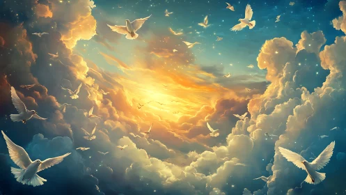Flock of white doves circles glowing sunset sky between clouds