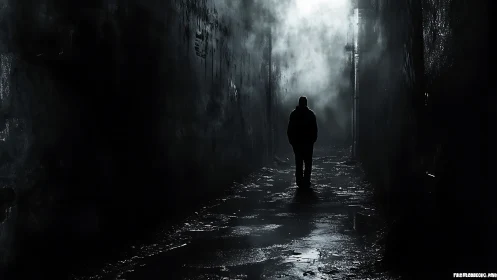 Photorealistic nocturnal alleyway with silhouetted figure composition.