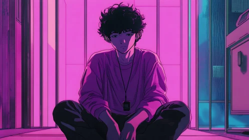 Neon hallway daydreamer soaking in electric loneliness.