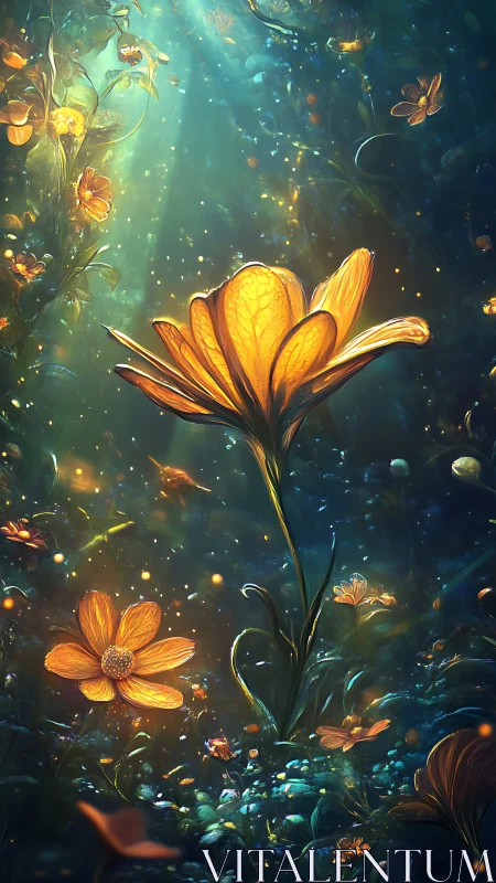 Golden forest blossoms glow softly in a dreamy twilight garden