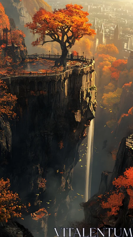 Solitary autumn tree above towering cliff waterfall vista.