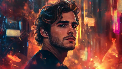 Brooding young man in neon-lit inferno portrait scene.