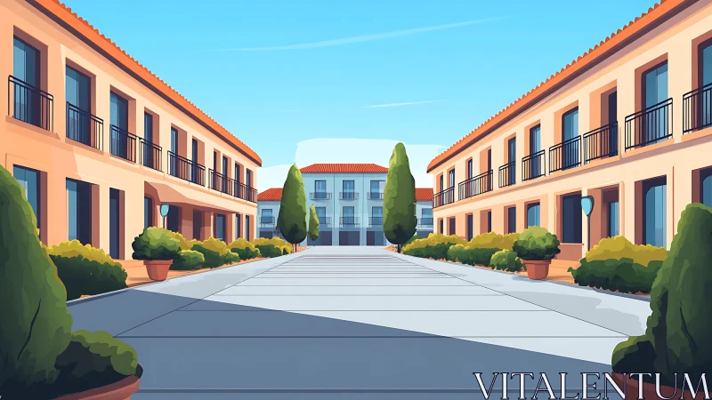 Symmetric courtyard with Mediterranean-style digital architecture.