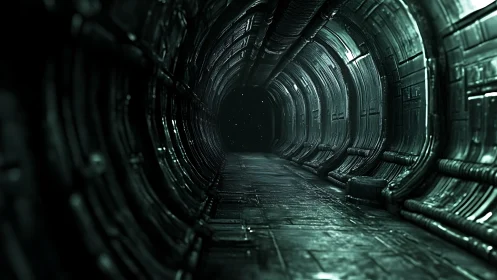 Metallic sci fi tunnel corridor with distant vanishing point.