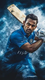 Storm-sculpted cricket warrior locked in cosmic swing.