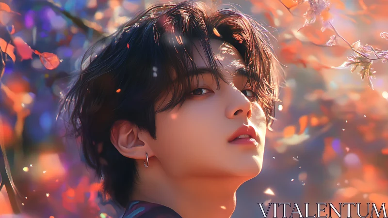 Soft lit anime boy portrait in colorful autumn garden.